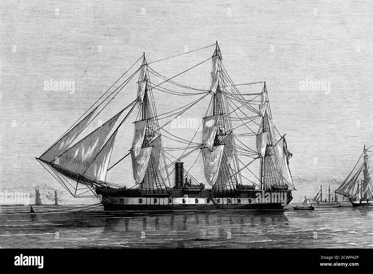 Spanish navy, frigate Lealtad. Antique illustration. 1865. Stock Photo