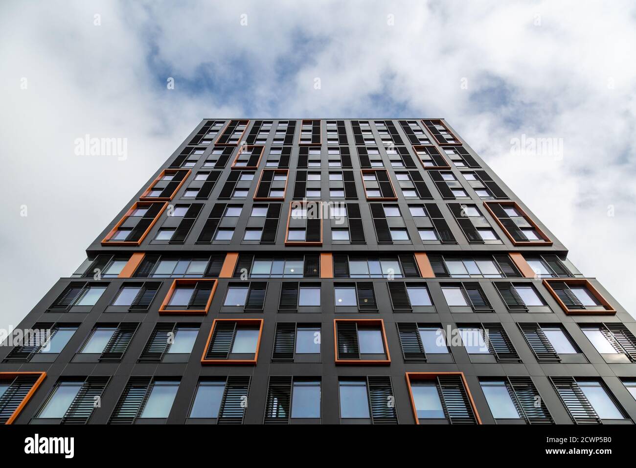 Looking up at Stanhope House, Modern student accommodation in Portsmouth, UK Stock Photo