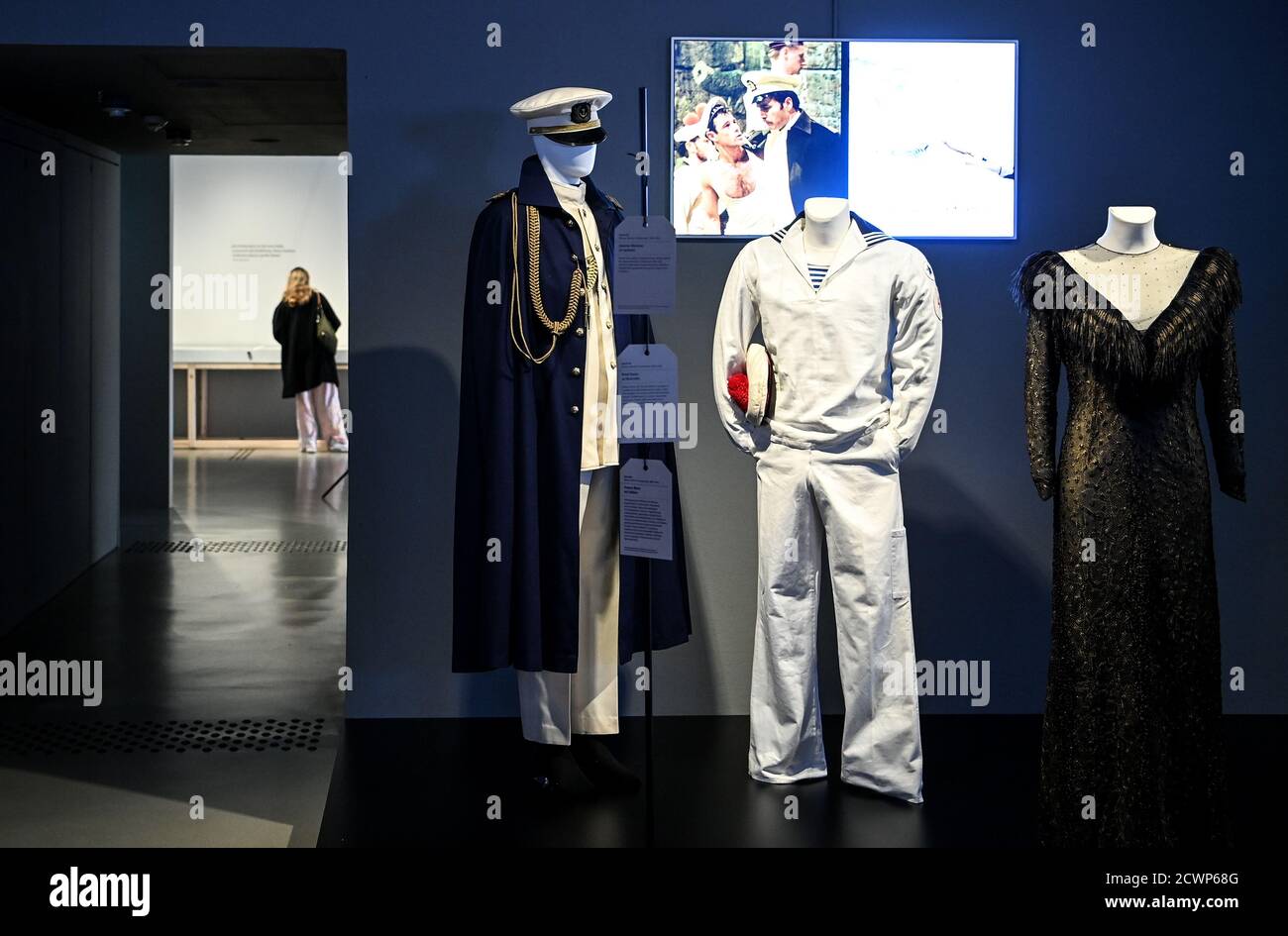 30 September 2020, Berlin: Costumes from the film Querelle by Rainer Werner  Fassbinder are shown in the exhibition "Hautnah. The Film Costumes of  Barbara Baum" at the Deutsche Kinemathek - Museum für