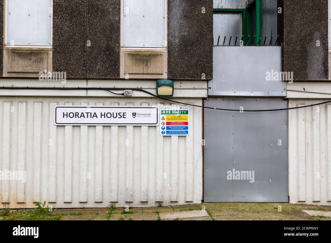 The sealed entrance to Horatia House in Portsmouth, A tower block that was condemned after the grenfell disaster Stock Photo