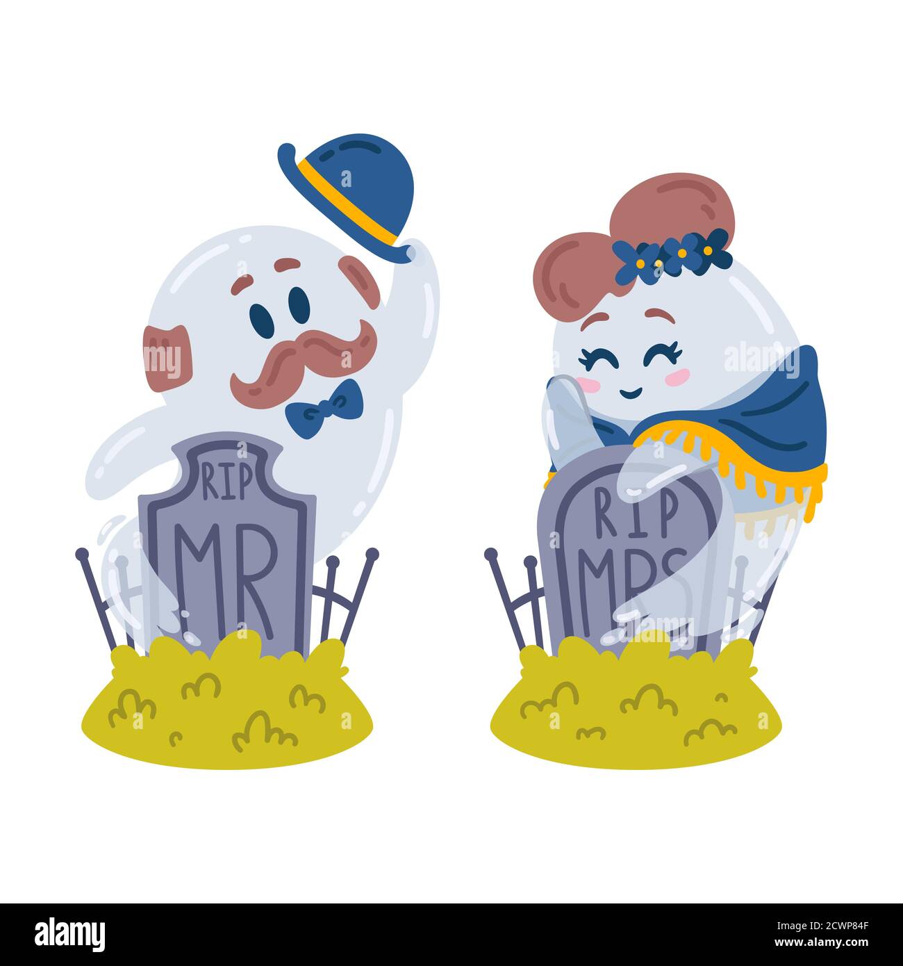 Halloween characters. Ghosts and gravestones. Love story in the cemetery. Two spirits Mr and Mrs meet at their tombstones. Rest in peace. 31 october. Stock Vector