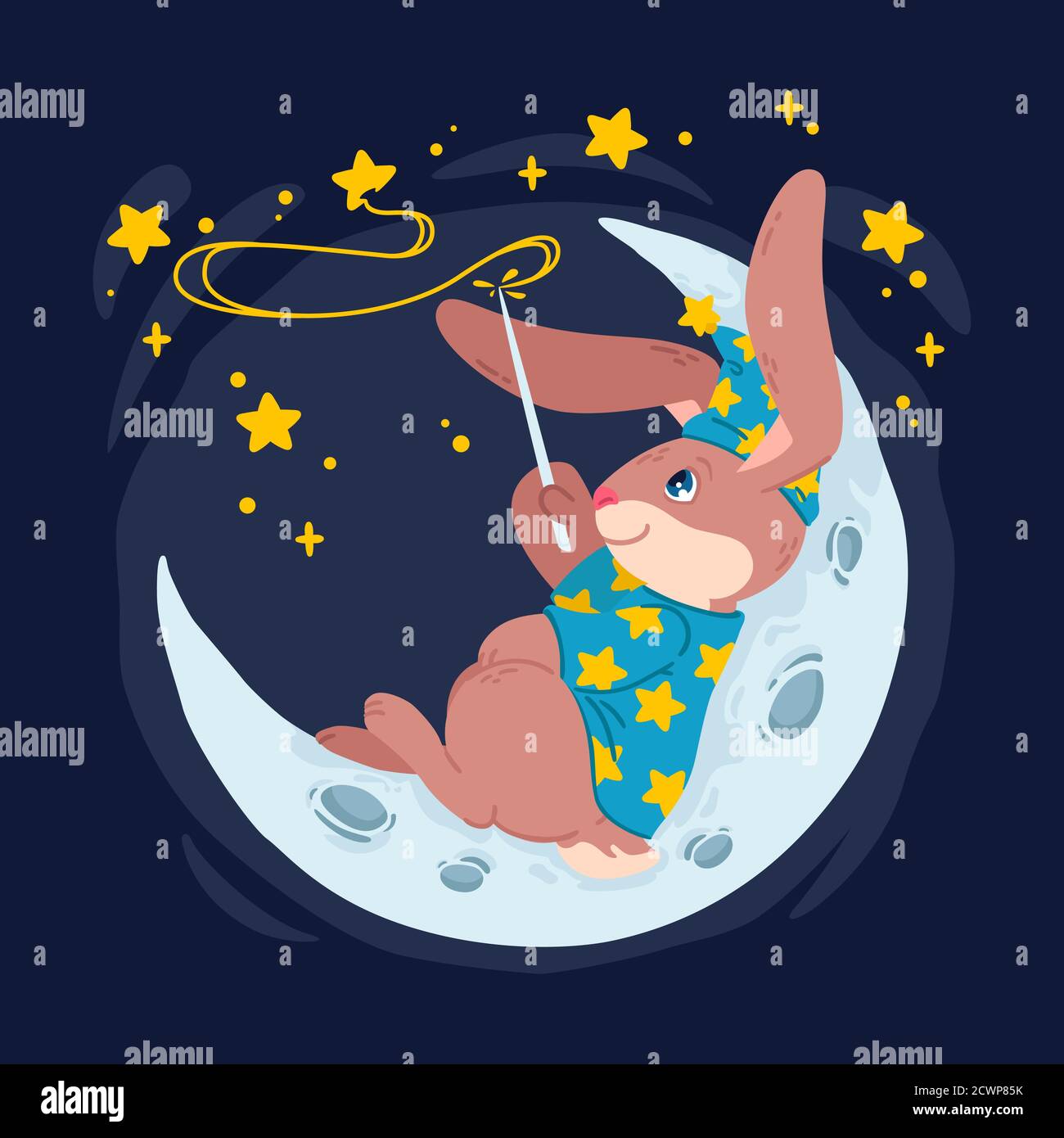 Rabbit magician with magic wand make stars on the sky lying down on the moon. Bunny wizard in witch hat sit on the crescent. Vector children illustrat Stock Vector