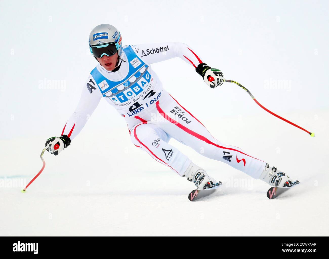 Florian Sheiber of Austria makes a turn during alpine skiing training for the Men's World Cup downhill in Lake Louise, Alberta November 21, 2012.  REUTERS/Mike Blake  (CANADA - Tags: SPORT SKIING) Stock Photo