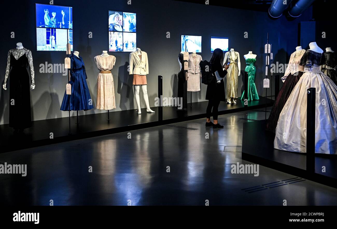 Berlin, Germany. 30th Sep, 2020. A visitor walks through the exhibition 'Hautnah. The Film Costumes of Barbara Baum' at the Deutsche Kinemathek - Museum für Film und Fernsehen. From 01.10. 2020 to 03.05.2021, more than 40 original film costumes from five decades of costume design will be shown. Credit: Britta Pedersen/dpa-Zentralbild/dpa - ATTENTION: Only for editorial use in connection with current reporting and only with full mention of the above credit/dpa/Alamy Live News Stock Photo