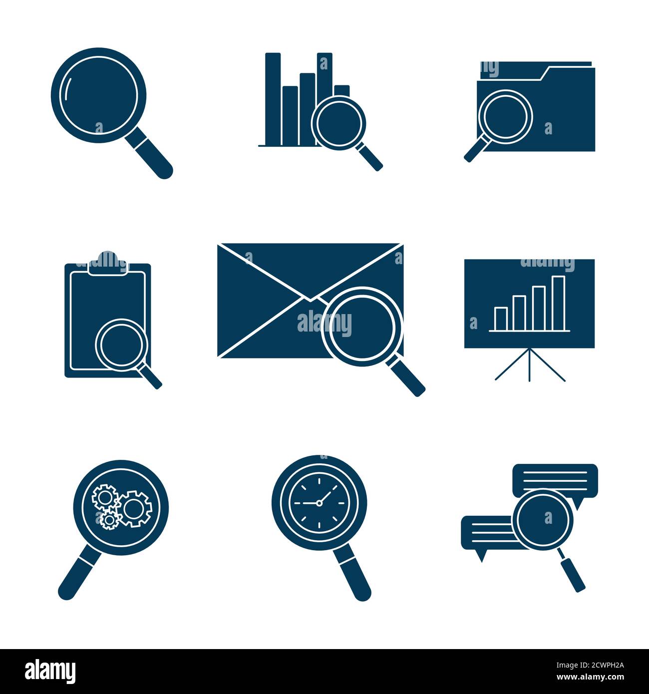 lupe and search silhouette style icon set vector design Stock Vector
