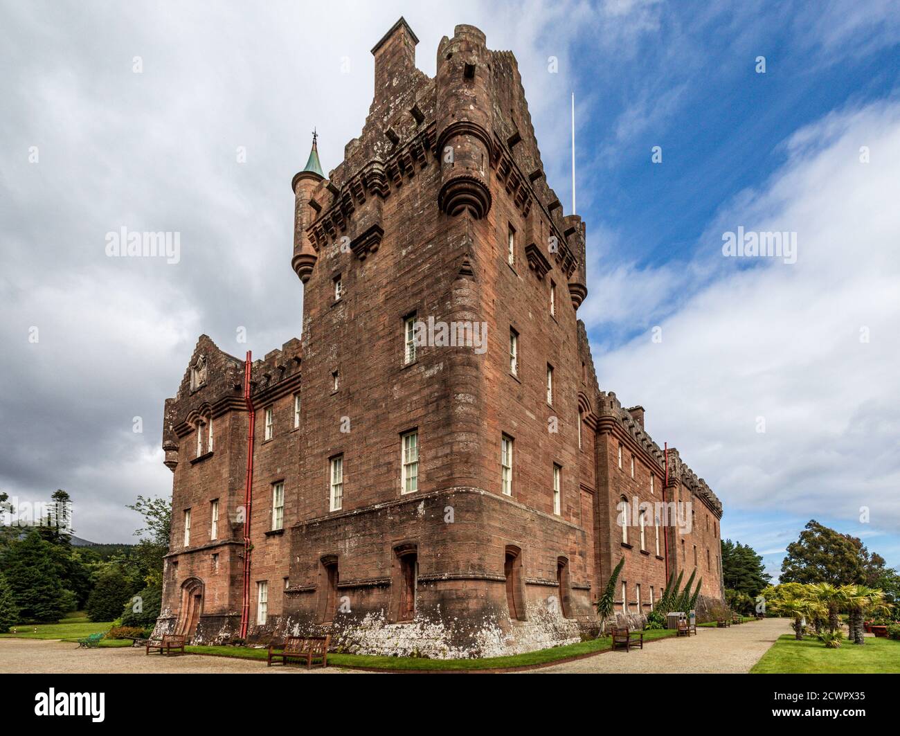 Brodick Castle stands in an elevated position at the foot of Goatfell mountain on the Isle of Arran, Scotland. Stock Photo