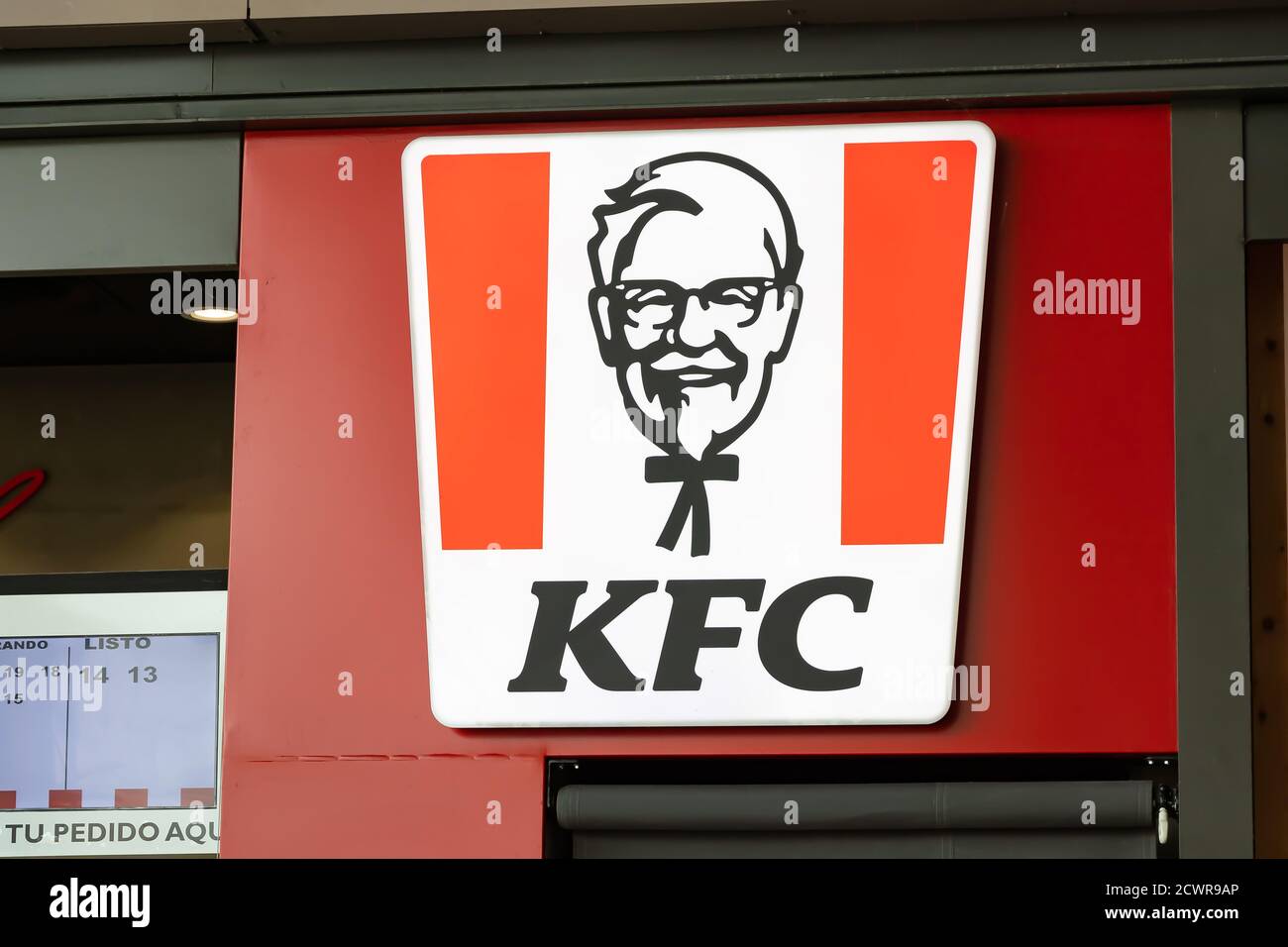 Seville, Spain - September 18, 2020: KFC fast food restaurant in Lagoh Sevilla shopping mall.Kentucky Fried Chicken is the world's second largest rest Stock Photo