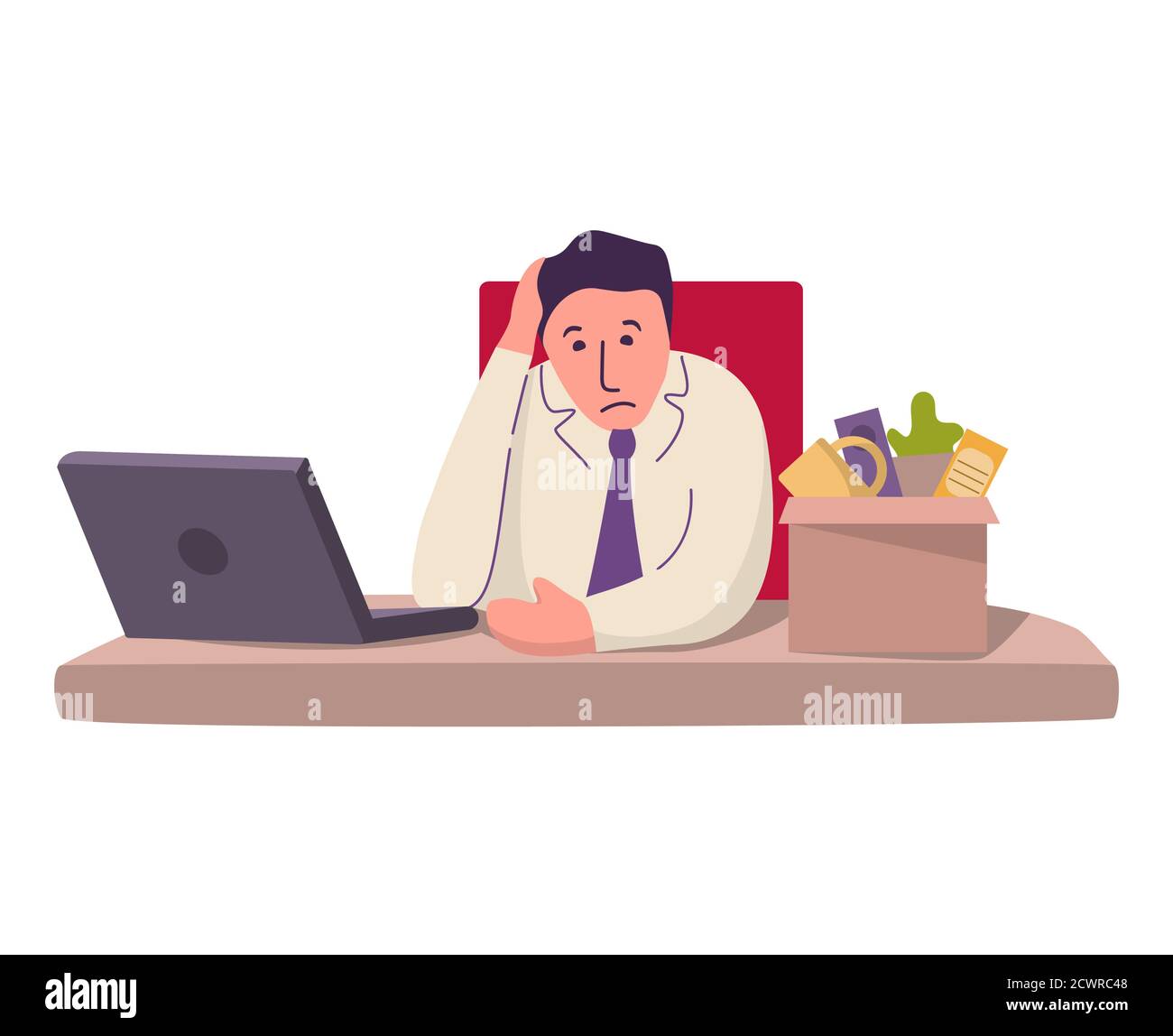 Dismissed sad man from job his desk on the laptop computer. Stock Vector