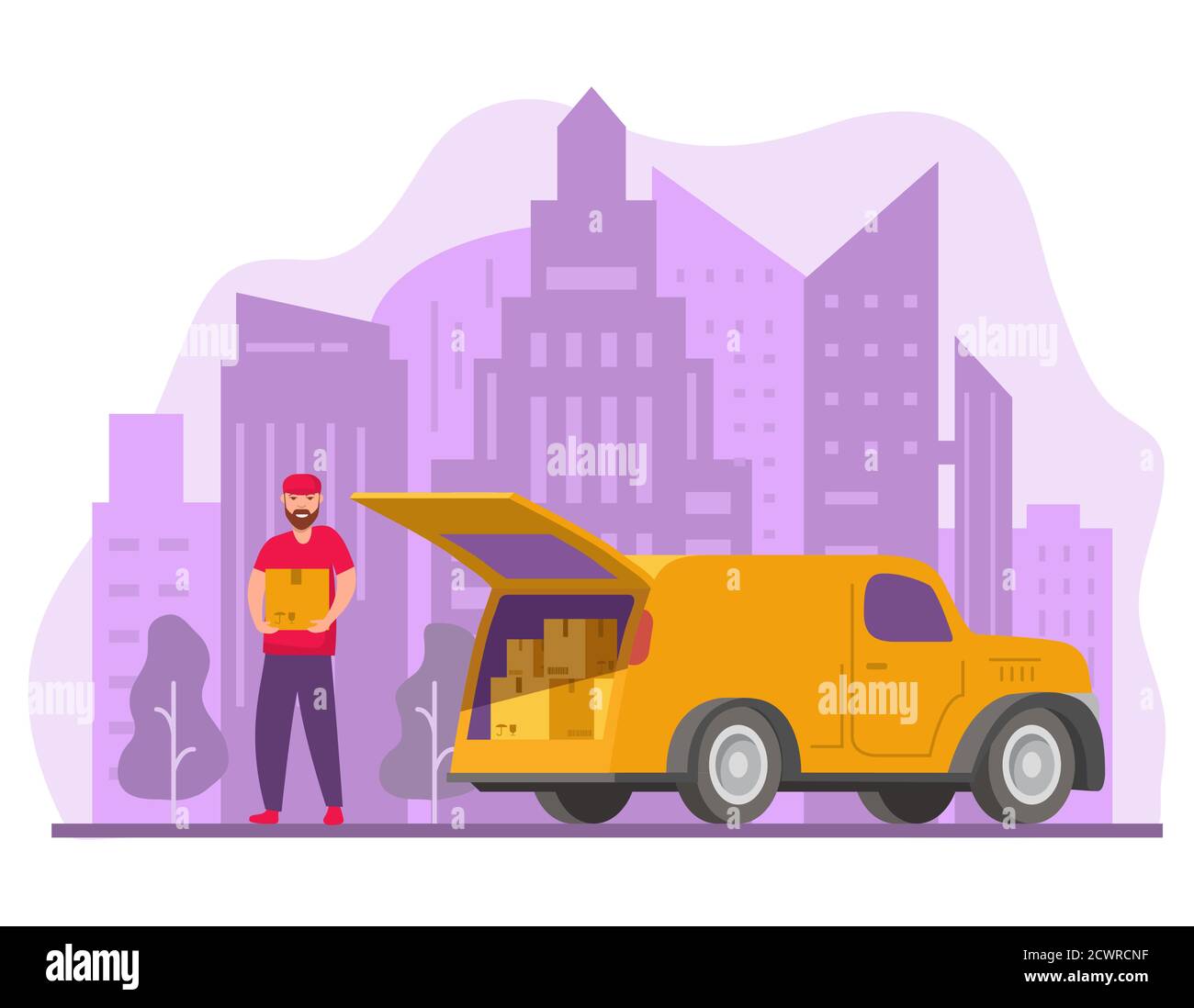 Delivery service and logistics.Mover unloading cardboard boxes from van