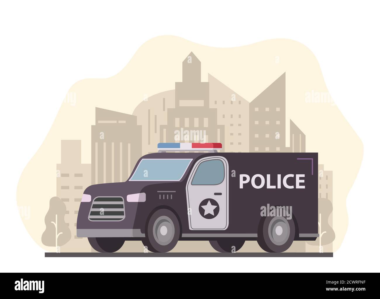 Police van truck. City skyline with skyscrapers. Patrol emergency vehicle. Stock Vector