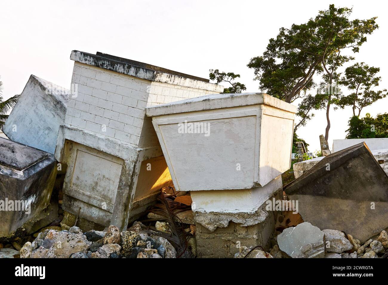 Cemetery partially destroyed, with eroded foundations by a taifun on Carabao Island, Romblon Province, Philippines, Asia Stock Photo