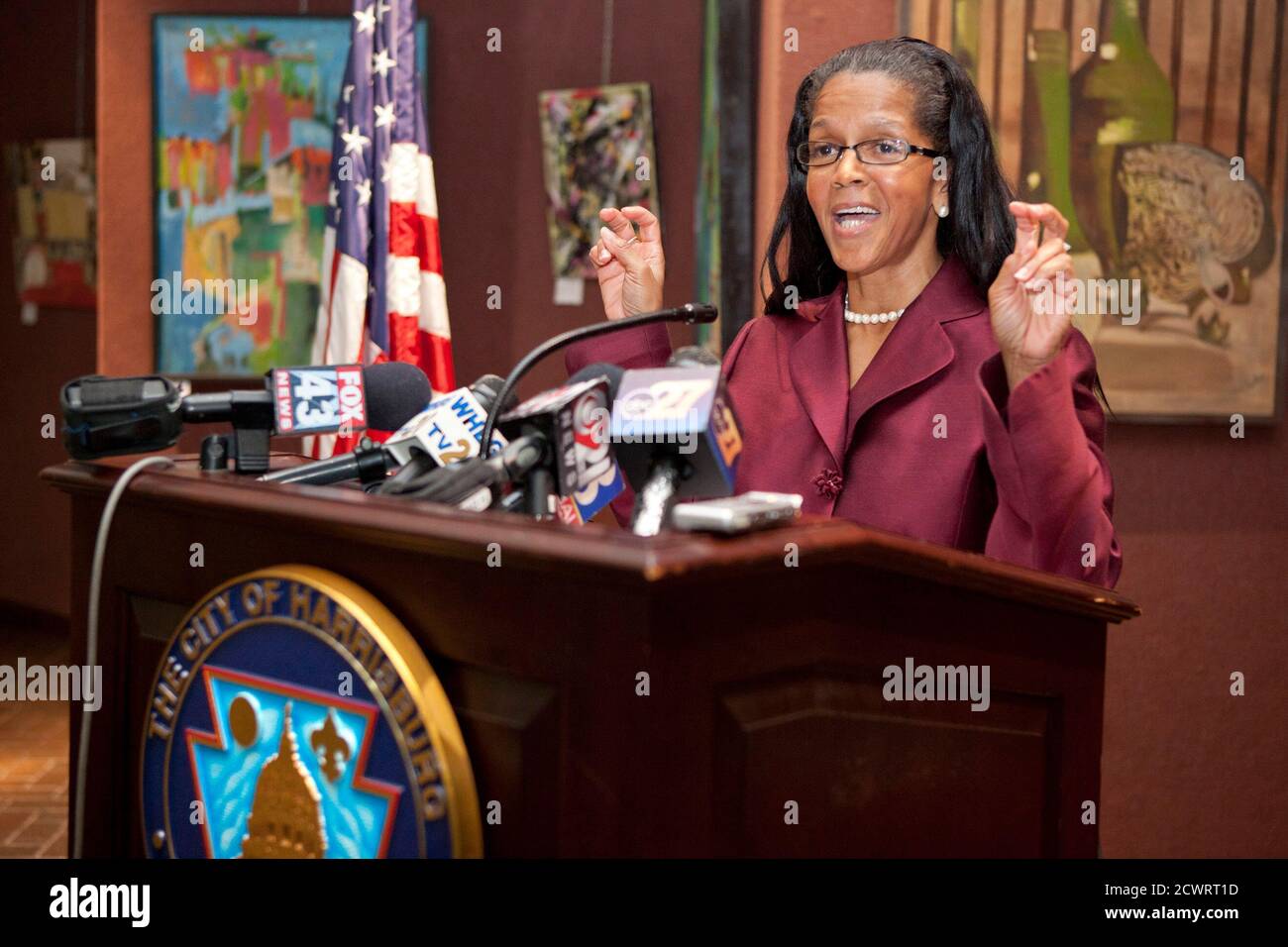 City of Harrisburg Mayor Linda Thompson holds a news conference in Harrisburg, Pennsylvania, October 12, 2011. Mayor Thompson indicated the procedure by Harrisburg city council are illegal. Pennsylvania's capital, Harrisburg, filed