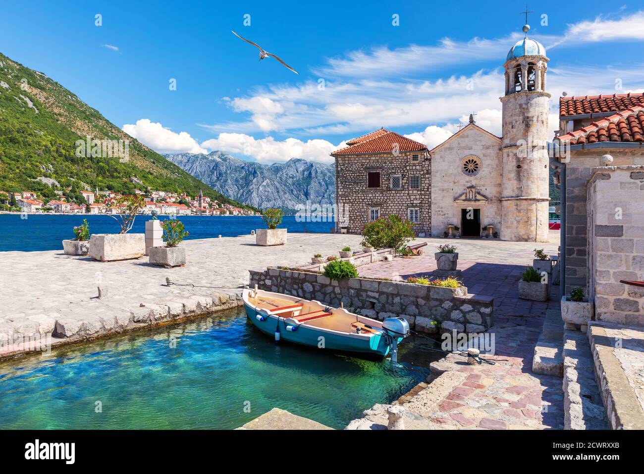 Church of Our Lady of the Rocks in the Bay of Kotor near Perast, Montenegro Stock Photo