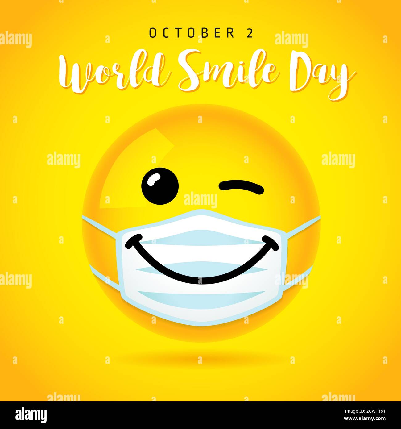 World Smile Day wink banner template, October 2. Happy yellow smiling icon in medical mask and text. Vector emoticon on yellow background design Stock Vector