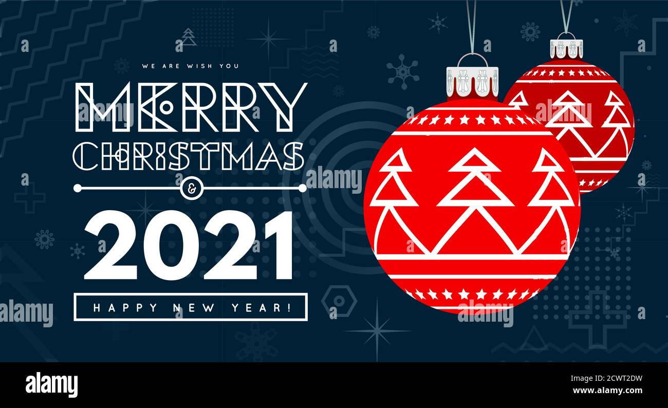 Congratulations on New Year 2020 and Christmas with red Christmas balls with a trendy design on the background. Memphis geometric design elements Stock Vector