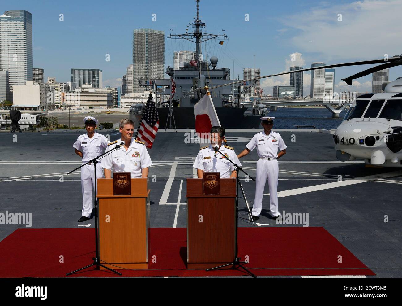 Vice Admiral Robert Thomas Front L Commander U S Seventh Fleet And Vice Admiral Yasushi Matsushita Front R Commander Japan S Maritime Self Defense Force Msdf Attend A Joint News Conference On The Japan Maritime