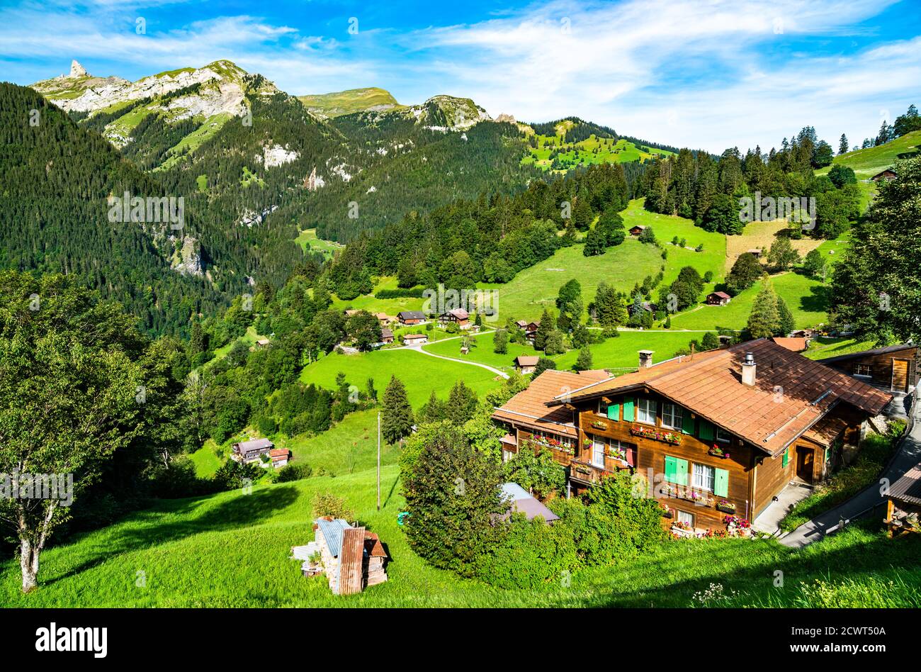 Traditional wooden houses in Wengen, Switzerland Stock Photo Alamy