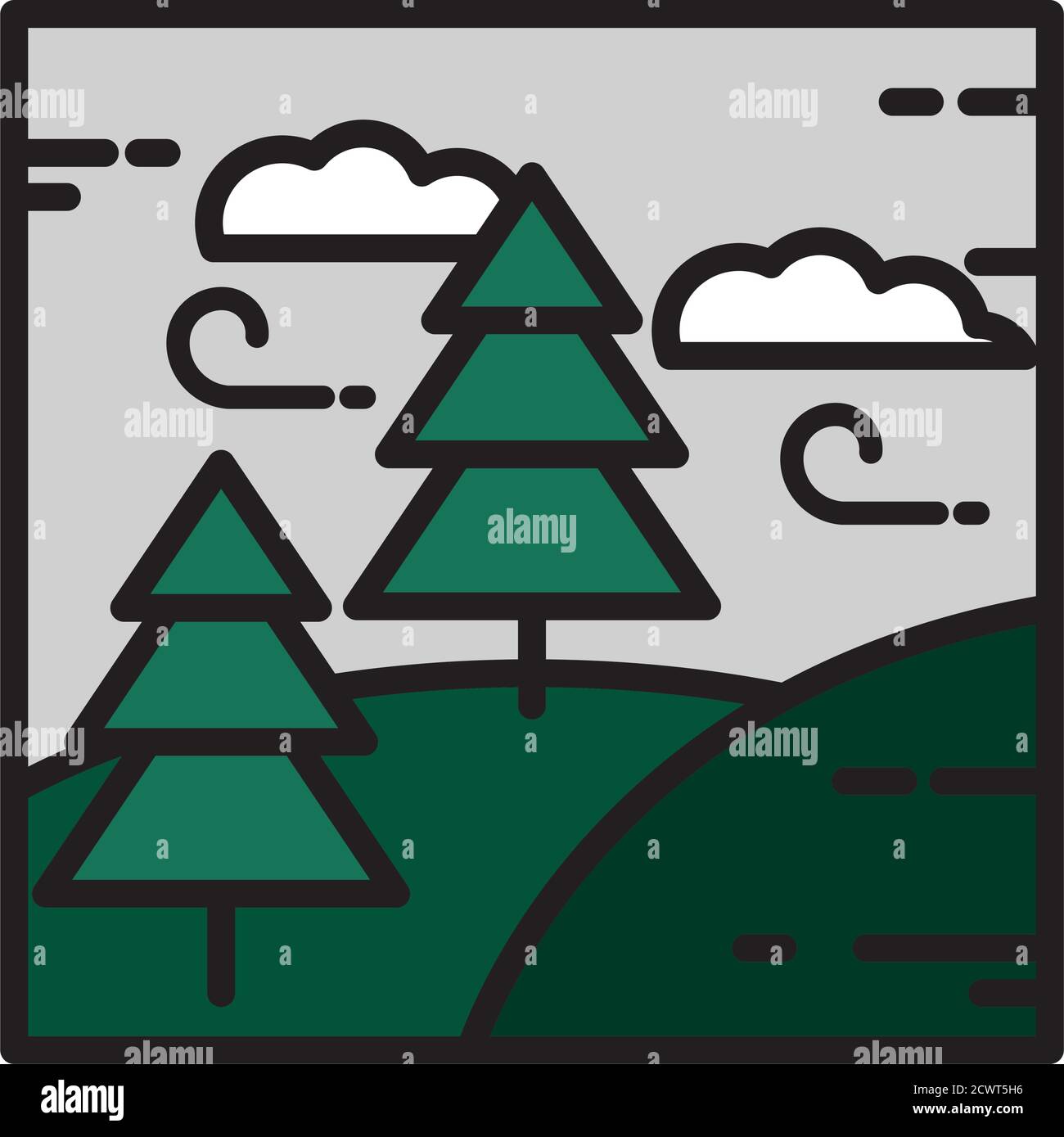 landscape forest pine trees hills wind weather clouds cartoon line and