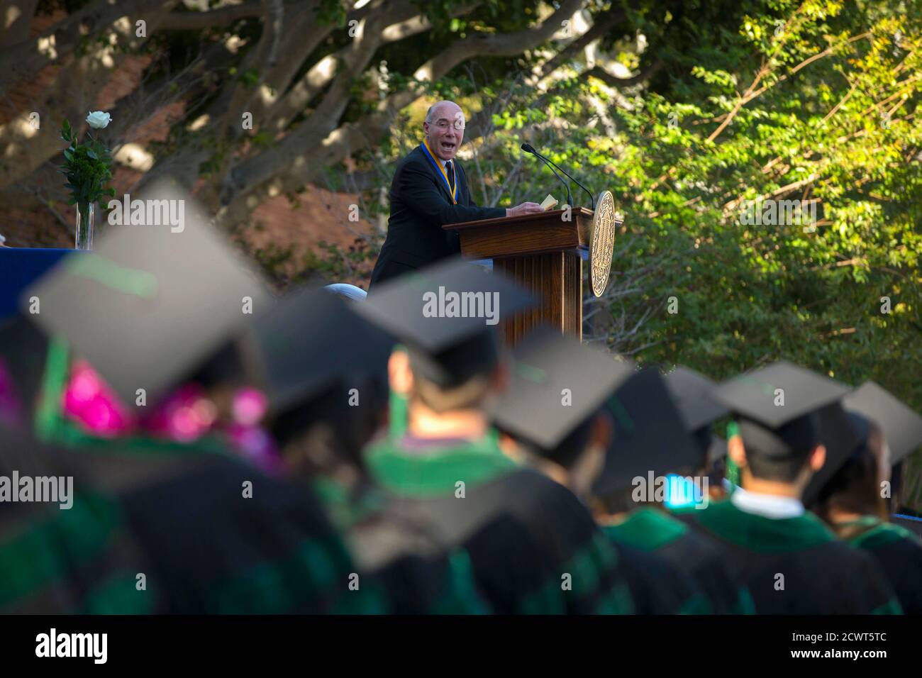 Philanthropist David Geffen speaks to graduates after receiving the UCLA Medal during the David Geffen School of Medicine at UCLA's Hippocratic Oath Ceremony in Los Angeles, California May 30, 2014.  REUTERS/Mario Anzuoni  (UNITED STATES - Tags: ENTERTAINMENT HEALTH EDUCATION POLITICS BUSINESS) Stock Photo