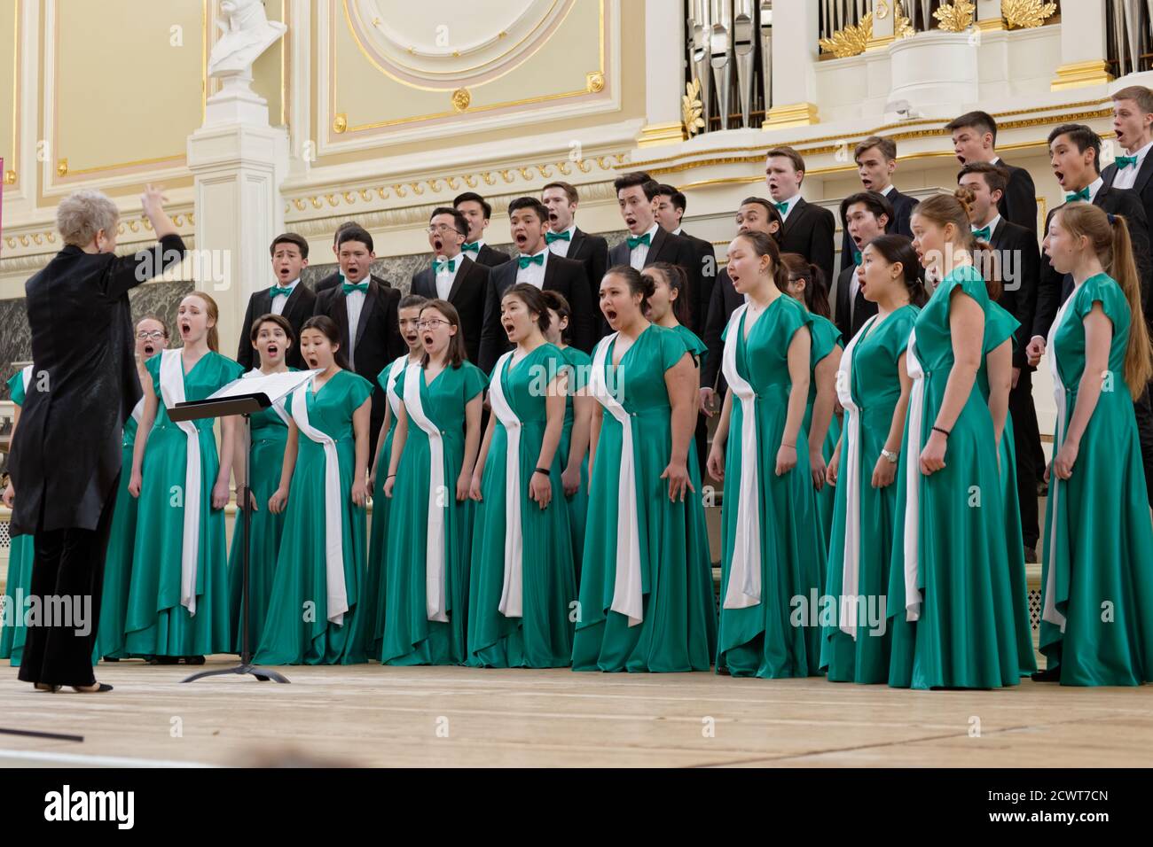 Saint-Petersburg, Russia - February 25, 2018: Youth Choir Alatau of Almaty Music College, Kazakhstan performs during V Children and Youth World Choral Championship Stock Photo