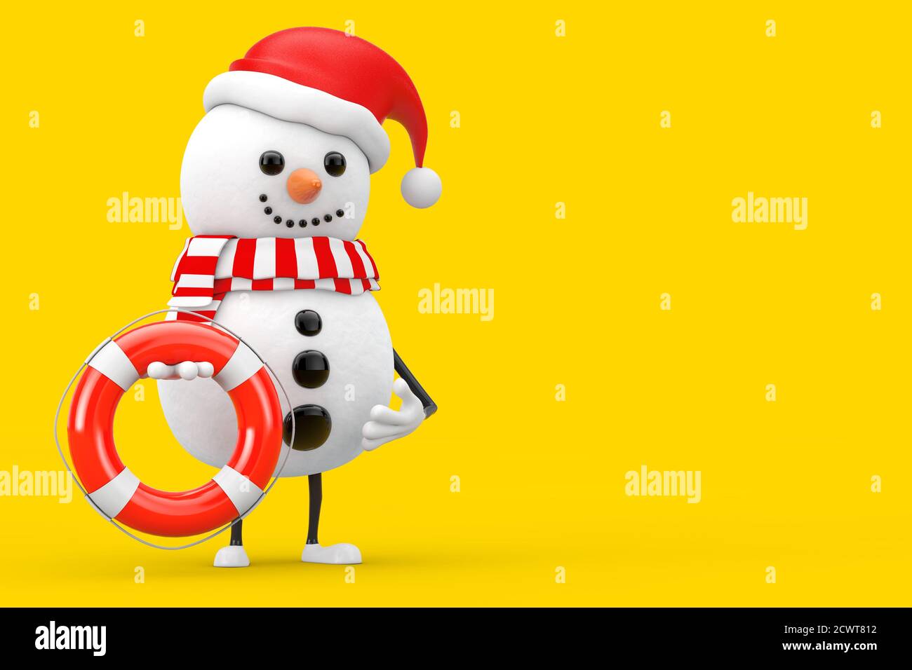 Snowman in Santa Claus Hat Character Mascot with Life Buoy on a yellow ...