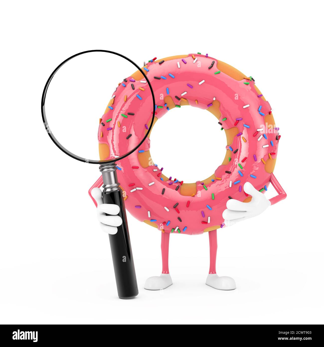 Big Strawberry Pink Glazed Donut Character Mascot with Magnifying Glass on a white background. 3d Rendering Stock Photo