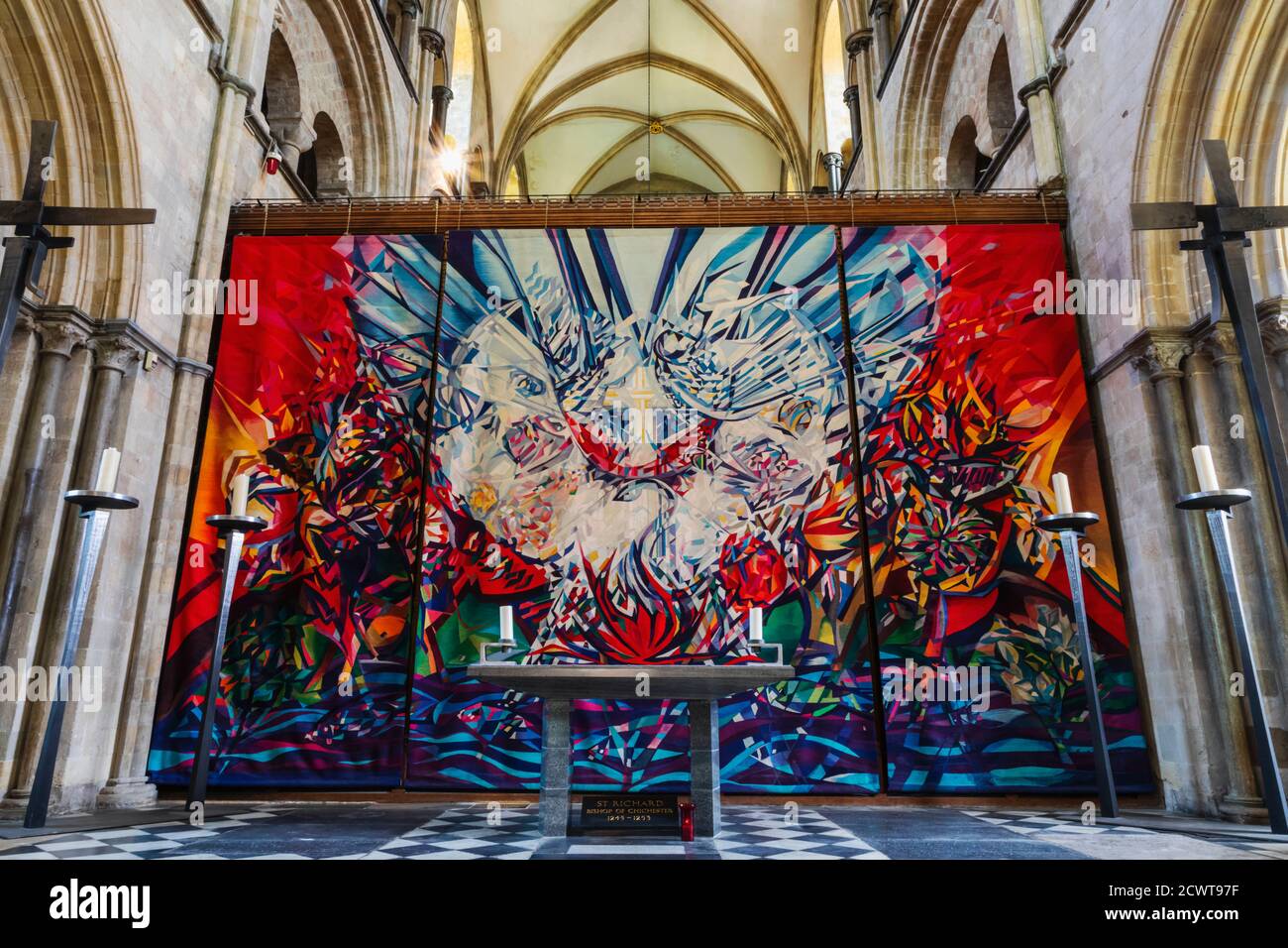 England, West Sussex, Chichester, Chichester Cathedral, The Shrine of St Richard, Tapestry by German Artist Ursula Benker-Schirmer depicting Images Re Stock Photo