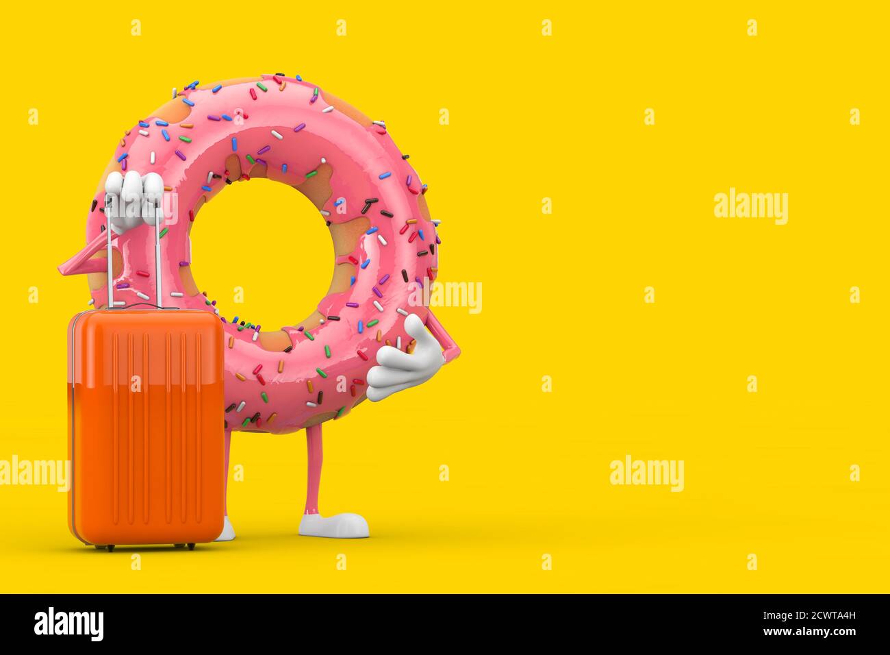 Big Strawberry Pink Glazed Donut Character Mascot with Orange Travel Suitcase on a yellow background. 3d Rendering Stock Photo