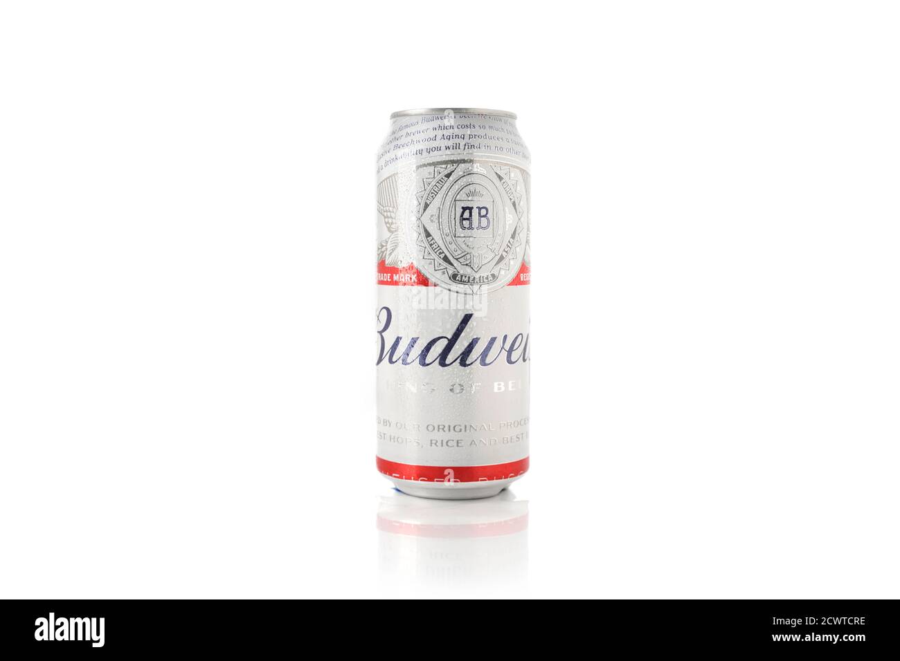 Budweiser beer can isolated on white background. Alcoholic beverage. Stock Photo