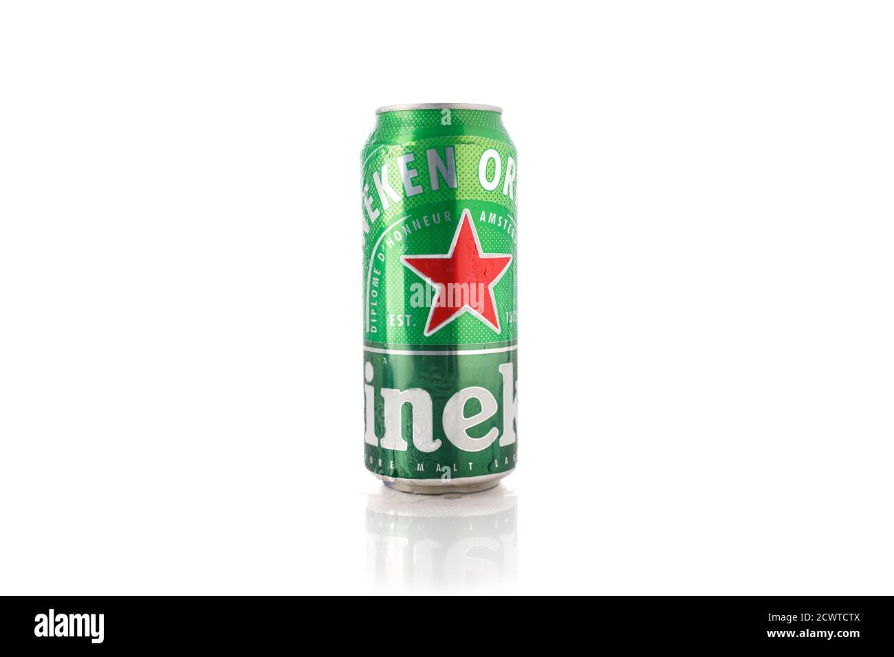 Heineken beer can isolated on white background. Alcoholic beverage. Stock Photo