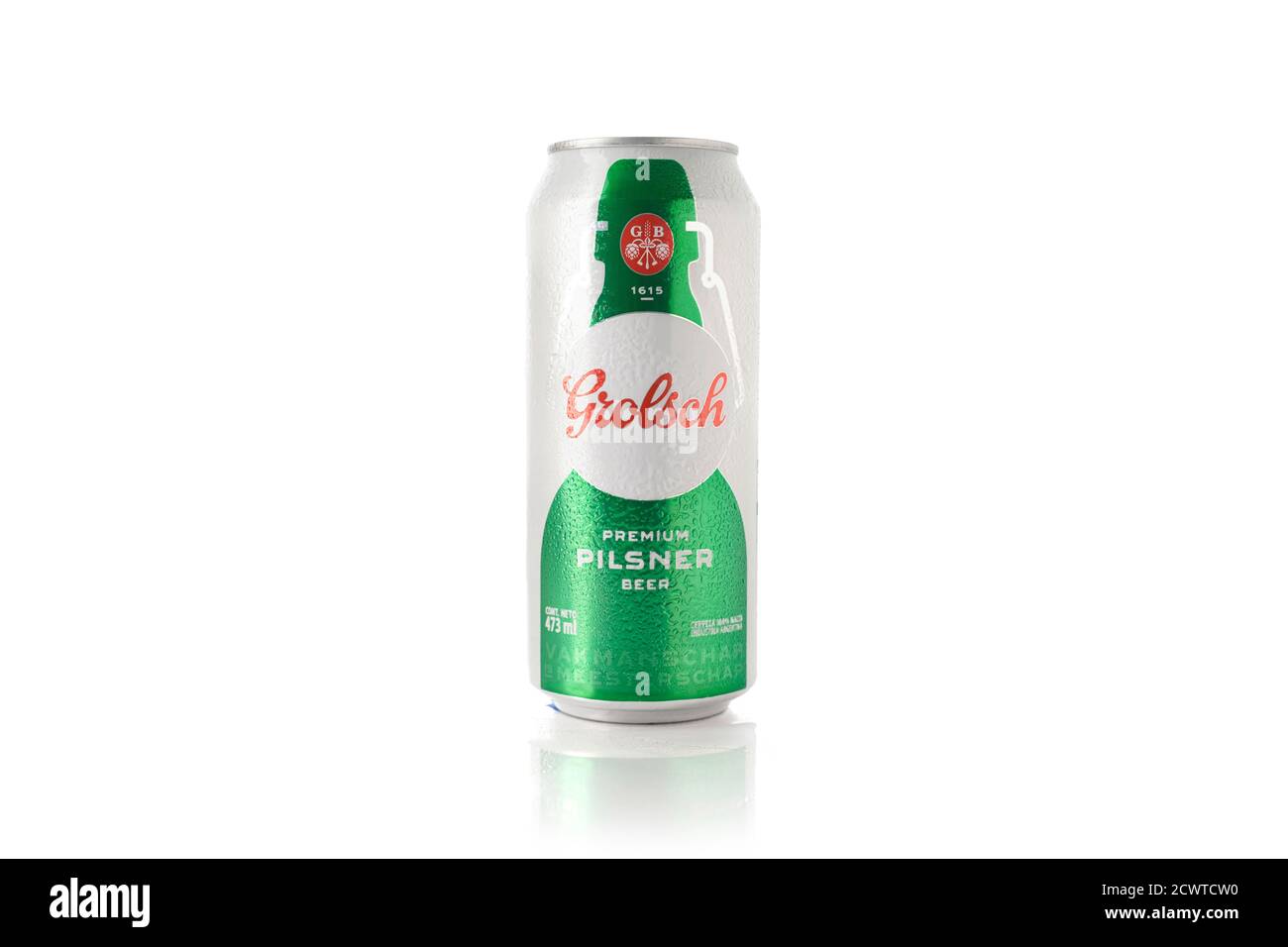 Grolsch beer can isolated on white background. Alcoholic beverage. Stock Photo