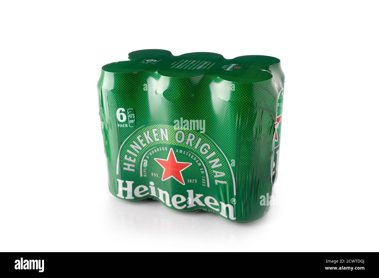 Six Pack of Heineken beer isolated on white background. Alcoholic beverage Stock Photo