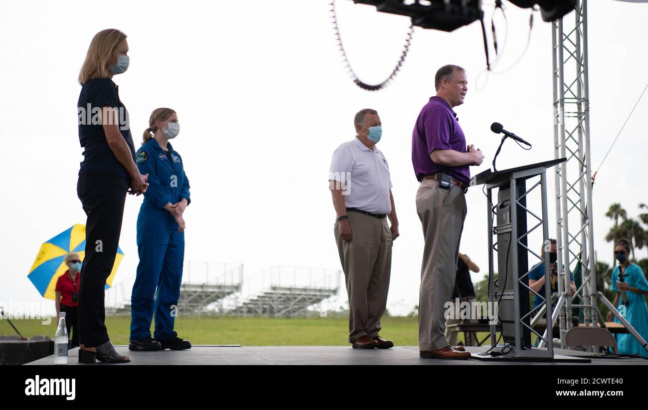 Mars 2020 Perseverance Prelaunch  Kennedy Space Center Deputy Director Janet Petro, left, NASA astronaut Zena Cardman, second from left, NASA Deputy Administrator Jim Morhard, second from right, and NASA Administrator Jim Bridenstine, right, are seen during a press conference ahead of the launch of NASA’s Mars 2020 Perseverance rover, Wednesday, July 29, 2020, at NASA’s Kennedy Space Center in Florida. The Perseverance rover is part of NASA’s Mars Exploration Program, a long-term effort of robotic exploration of the Red Planet. Launch is scheduled for Thursday, July 30. Stock Photo