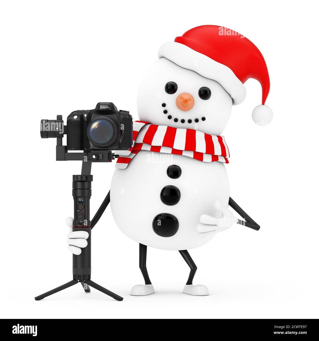 Snowman in Santa Claus Hat Character Mascot with Red Heart and DSLR or Video Camera Gimbal Stabilization Tripod System on a white background. 3d Rende Stock Photo