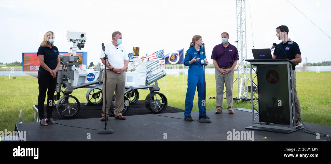 Mars 2020 Perseverance Prelaunch  Kennedy Space Center Deputy Director Janet Petro, left, NASA Deputy Administrator Jim Morhard, second from left, NASA astronaut Zena Cardman, center, NASA Administrator Jim Bridenstine, second from right, and NASA Public Affairs Officer Joshua Santora, right, answer social media questions ahead of the launch of NASA’s Mars 2020 Perseverance rover, Wednesday, July 29, 2020, at NASA’s Kennedy Space Center in Florida. The Perseverance rover is part of NASA’s Mars Exploration Program, a long-term effort of robotic exploration of the Red Planet. Launch is scheduled Stock Photo