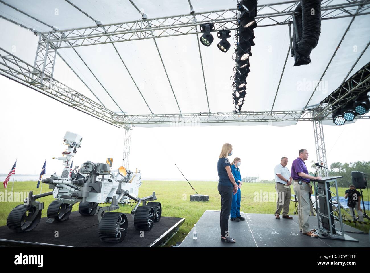 Mars 2020 Perseverance Prelaunch  A full-size model of NASA’s Mars 2020 Perseverance rover is seen during a press conference with Kennedy Space Center Deputy Director Janet Petro, left, NASA astronaut Zena Cardman, second from left, NASA Deputy Administrator Jim Morhard, second from right, and NASA Administrator Jim Bridenstine, right, ahead of the launch of NASA’s Mars 2020 Perseverance rover, Wednesday, July 29, 2020, at NASA’s Kennedy Space Center in Florida. The Perseverance rover is part of NASA’s Mars Exploration Program, a long-term effort of robotic exploration of the Red Planet. Launc Stock Photo