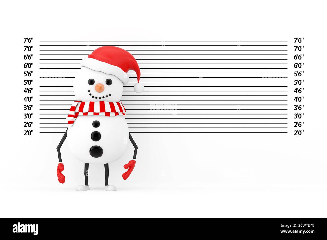 Snowman in Santa Claus Hat Character Mascot in front of Police Lineup or Mugshot Background extreme closeup. 3d Rendering Stock Photo
