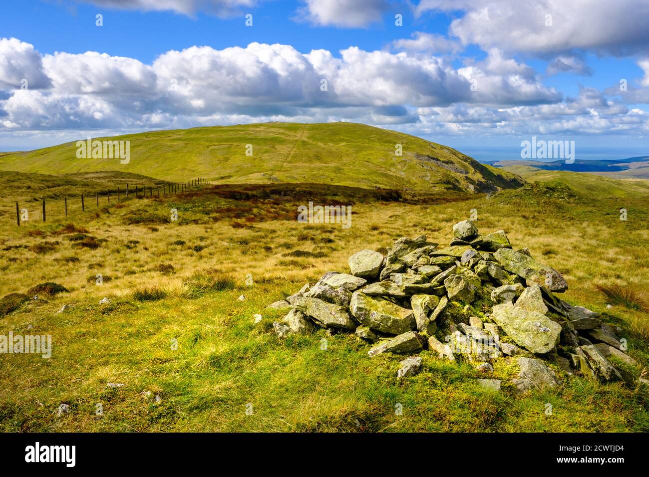 Cairn on the walk up Plynlimon, the highest hill in the Cambrian Mountains, Mid Wales Stock Photo