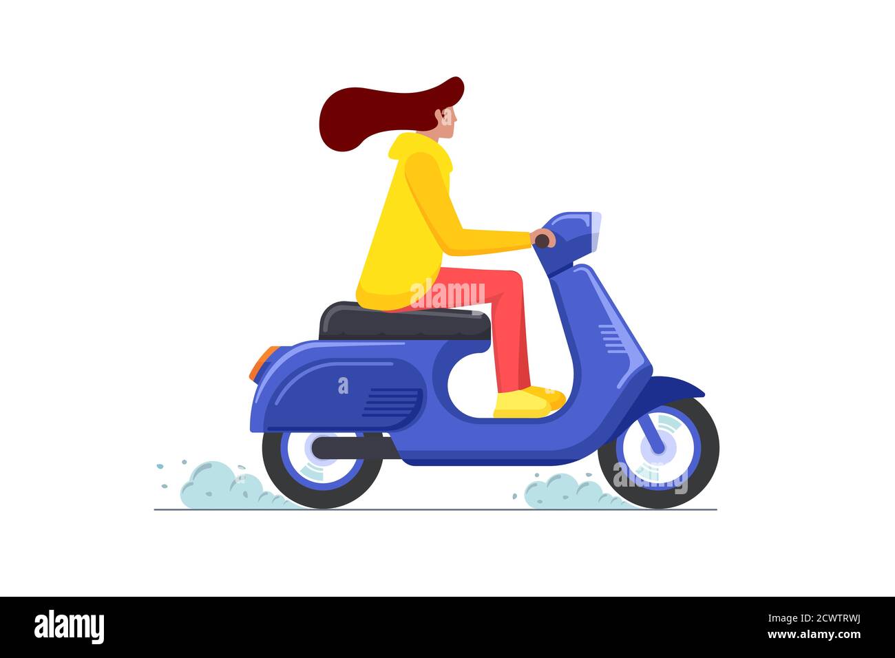 Female riding retro style scooter. Woman drives blue moped. Girl vintage motorcycle driver. Hipster on bike life in motion lifestyle vector eps illustration Stock Vector