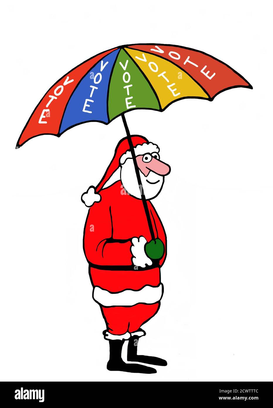 Color cartoon of Santa Claus holding an umbrella that reads VOTE. Stock Photo