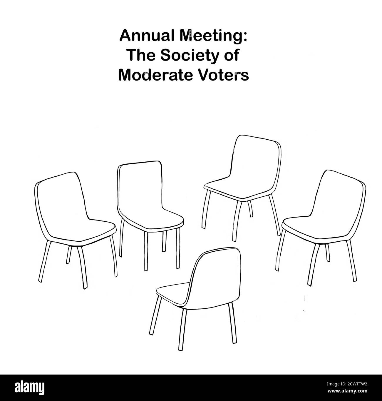 Cartoon showing empty chairs at the Annual Meeting of the Society of Moderate Voters. Stock Photo