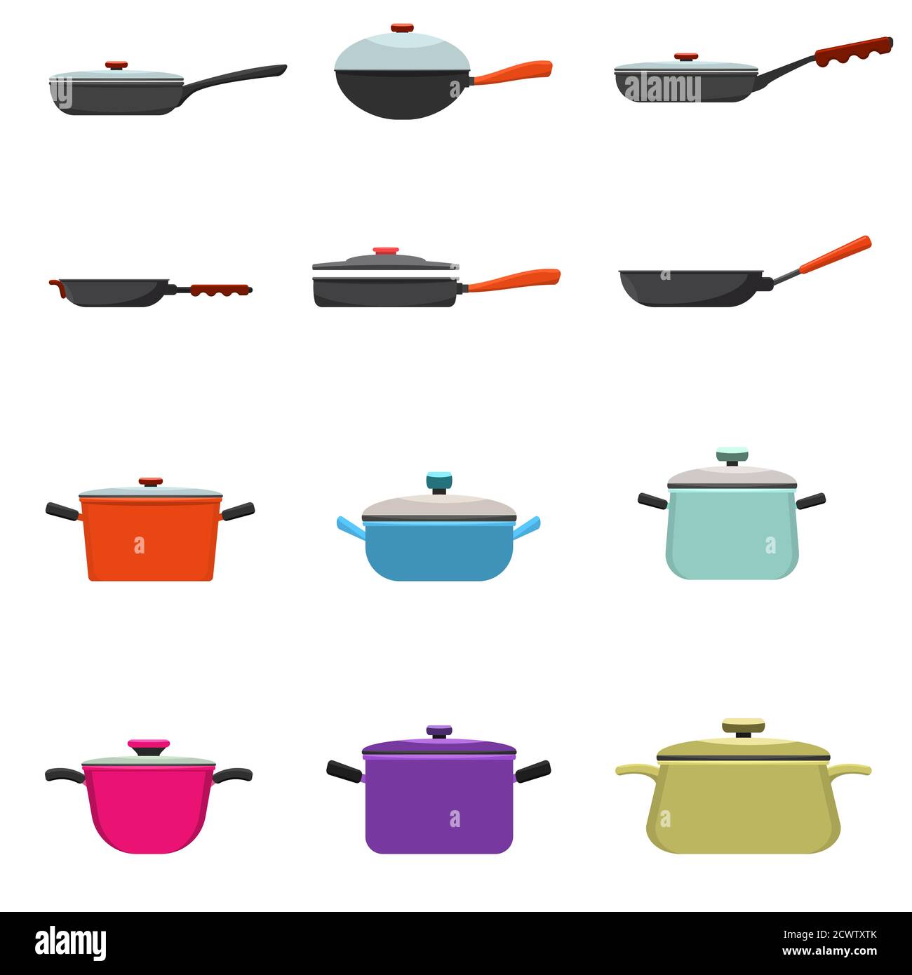 Frying pan and cooking pot set. Kitchen pots and different pans with