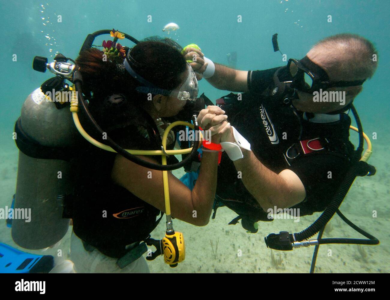 Mexican Karla Olivares-Sosa Ysunza and her husband Alberto Dal Lago from Italy hold hands with each other after their underwater wedding ceremony in Punta Venado beach in Playa del Carmen July 17, 2011. Dal Lago said that 205 certified divers participated in the wedding which was an attempt at breaking the previous Guinness Record set for such an event, in addition to bringing awareness towards creating laws for protecting bull sharks in the area. According to Guinness World Records, the previous record for largest underwater wedding was set on June 12, 2010 when 261 divers participated in the Stock Photo