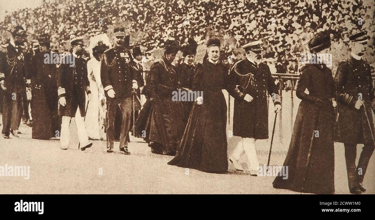 1906 King George of Greece and other prestigious guest at the closing of the Olympic Games in Athens, Greece in the Panathenaic Stadium during the 1906 Olympic Games (also known as the 1906  Intercalated Games or the 1906  Summer Olympic) in Athens, Greece.Though considered to be Olympic Games and  referred to as the 'Second International Olympic Games in Athens' by the International Olympic Committee   the medals are not today officially recognized by the IOC . They were held from 22 April to 2 May 1906 and were opened by The official opening of the games was done by King George I of Greece. Stock Photo