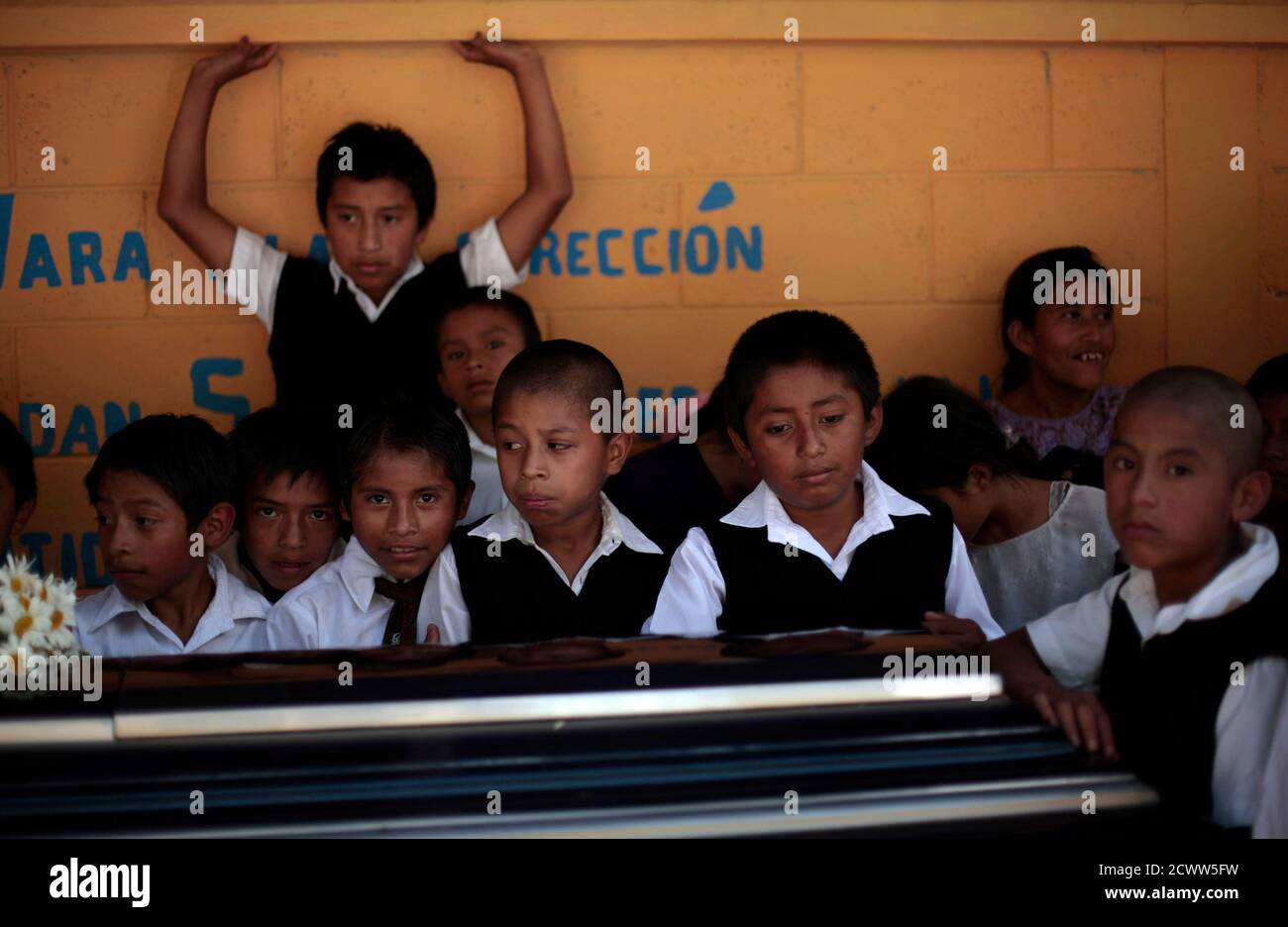 School Mates Of 13 Year Old Juan Armando Coy Cal Stand Next To His Coffin In Their School Where He Was Killed In Tactic In The Alta Verapaz Region Some 1 Km 117 Miles