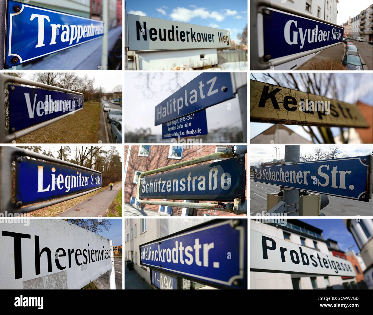 A combination picture shows street signs in the cities of Dortmund, Nuernberg, Hamburg, Munich, Rostock, Kassel and Heilbronn where the neo-Nazi group National Socialist Underground (NSU) carried out their attacks, and a sign marking a square named after victim Halit Yozgat (2nd row from top C). An alleged member of the NSU, 38-year-old Beate Zschaepe, will go on trial in Munich in April 17, 2013, charged with the murders. The NSU is accused of murdering nine Turkish and Greek immigrants and a policewoman from 2000 to 2007. Two other NSU members committed suicide in late 2011 after a botched b Stock Photo