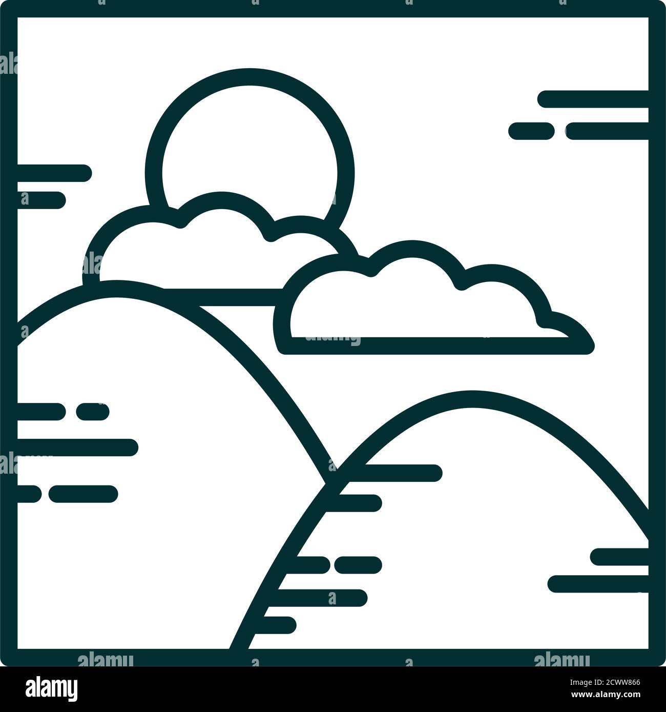 landscape mountains nature clouds sun cartoon line icon style vector ...