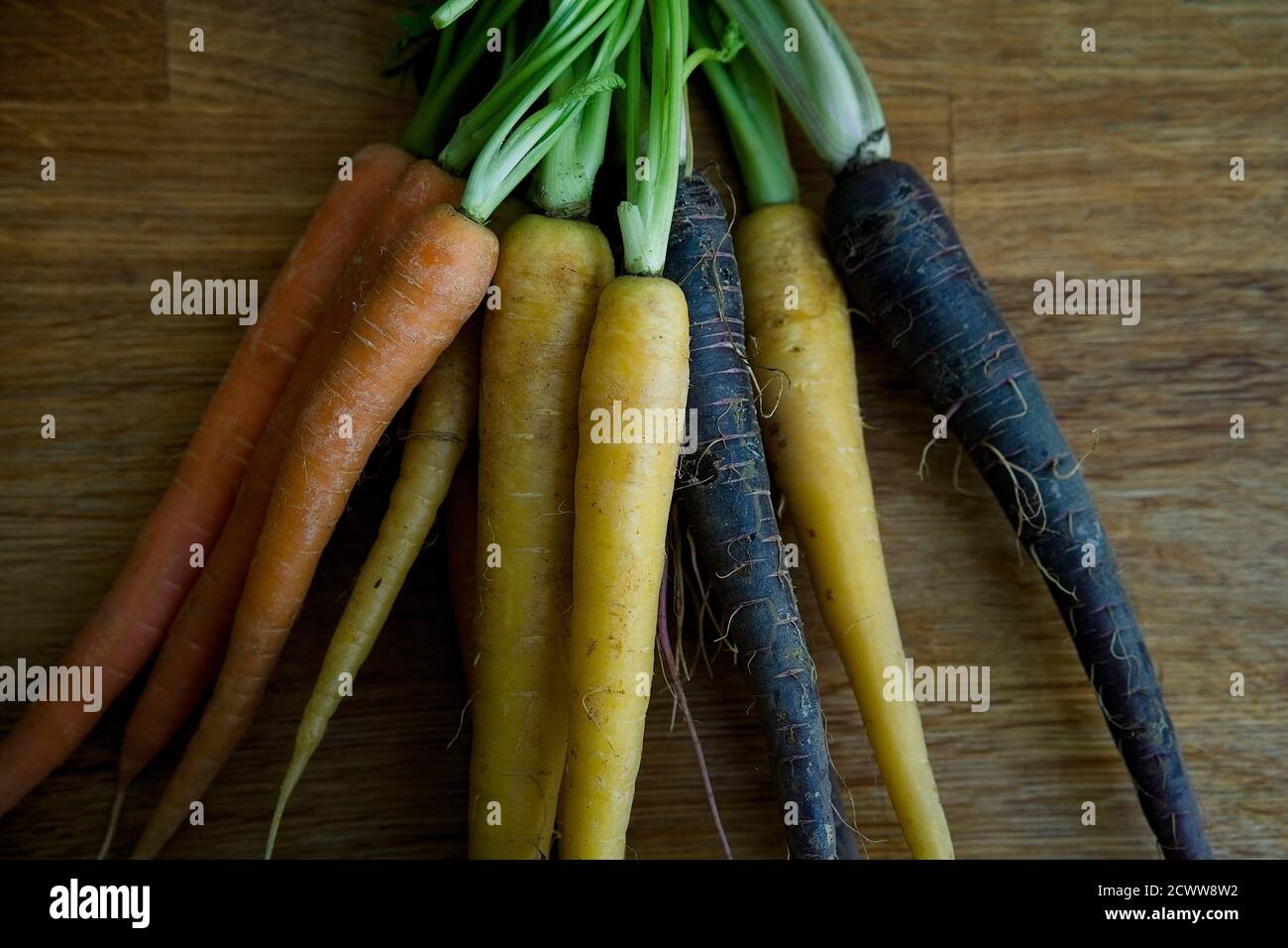 A bunch of whole unprepared multicoloured rainbow carrots on a wooden surface Stock Photo