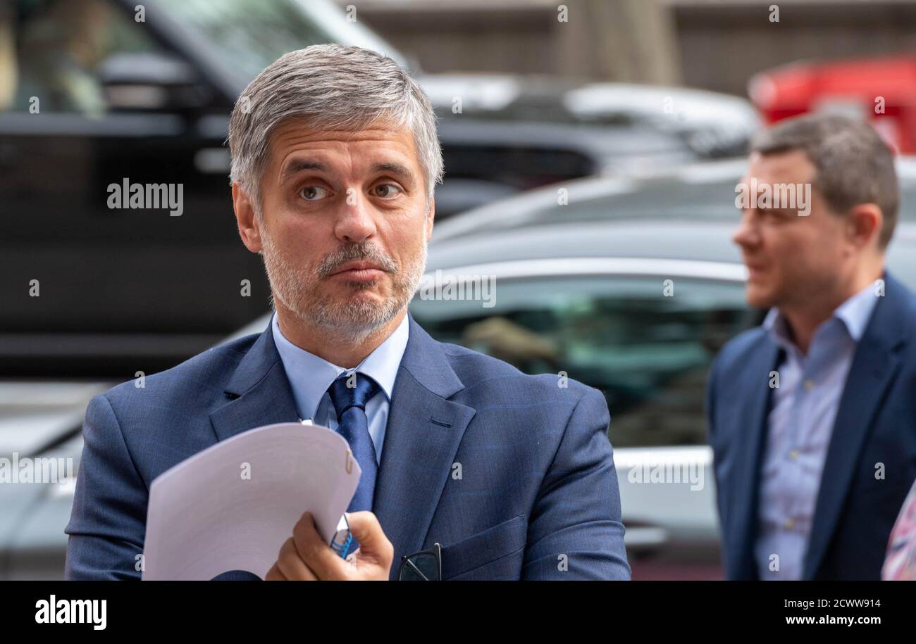 London, UK. 30th Sep, 2020. Vadym Prystaiko Ukraine's Ambassador Extraordinary and Plenipotentiary to the United Kingdom arrives at Portcullis House London where he engaged with protesters against the current regime in Belarus Credit: Ian Davidson/Alamy Live News Stock Photo