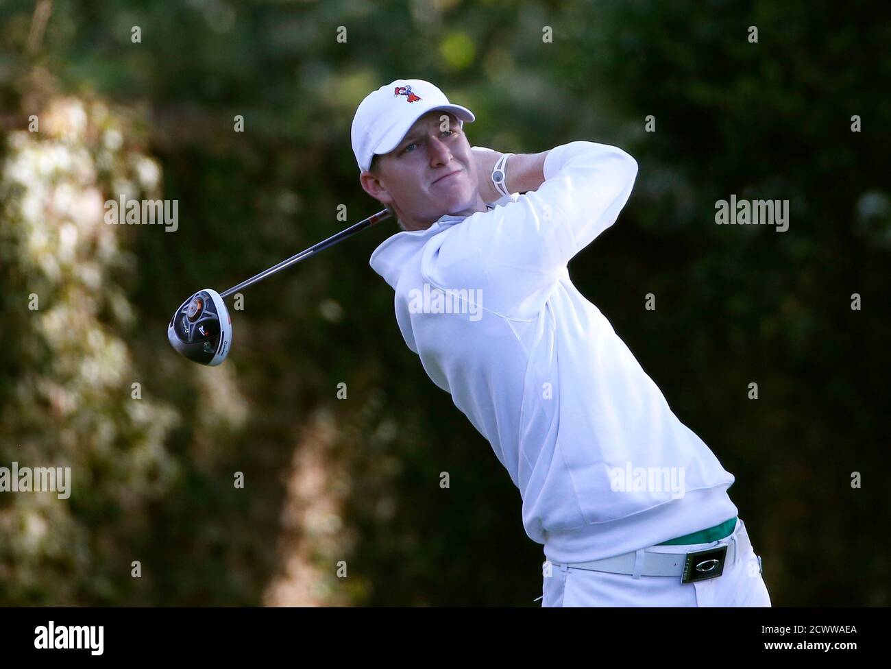 U.S. amateur golfer Hordan Niebrugge hits his tee shot on the second hole during the first round of the 2014 Masters golf tournament at the Augusta National Golf Club in Augusta, Georgia April 10, 2014. REUTERS/Jim Young (UNITED STATES  - Tags: SPORT GOLF) Stock Photo